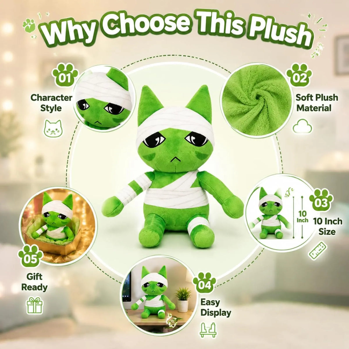 Green Cat Plush with Bandage Detail