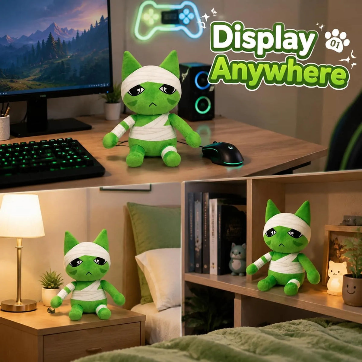 Green Cat Plush with Bandage Detail