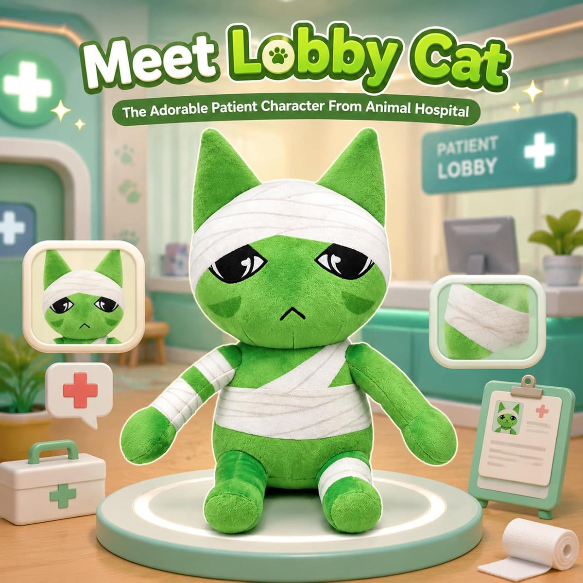 Green Cat Plush with Bandage Detail