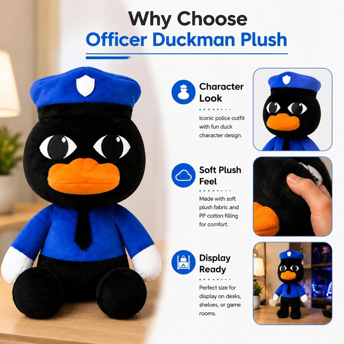 Black Duck Plush in Blue Uniform