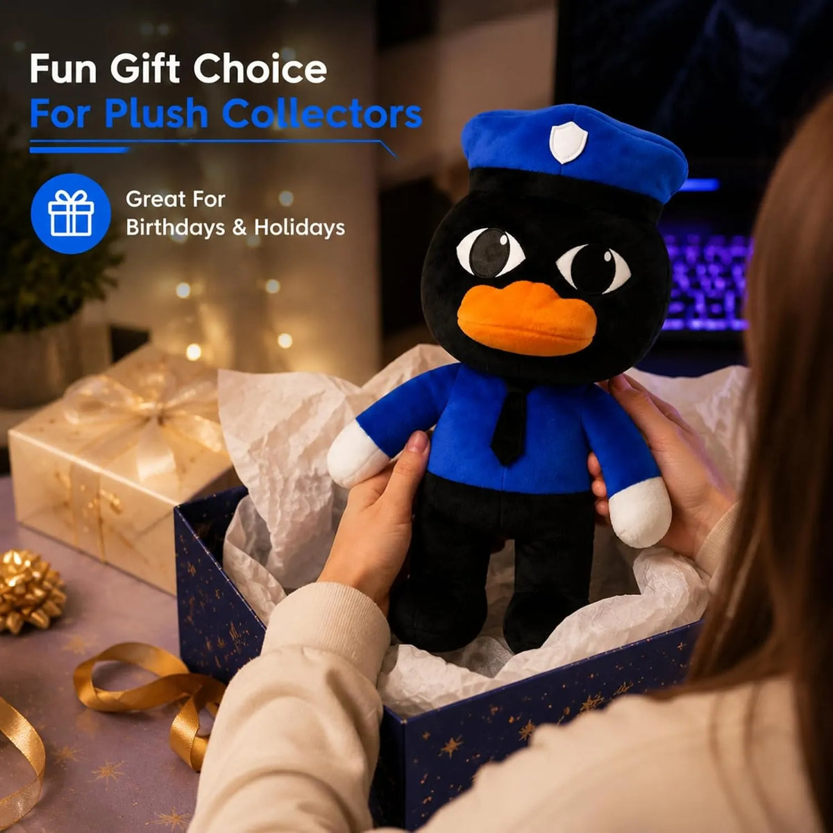 Black Duck Plush in Blue Uniform