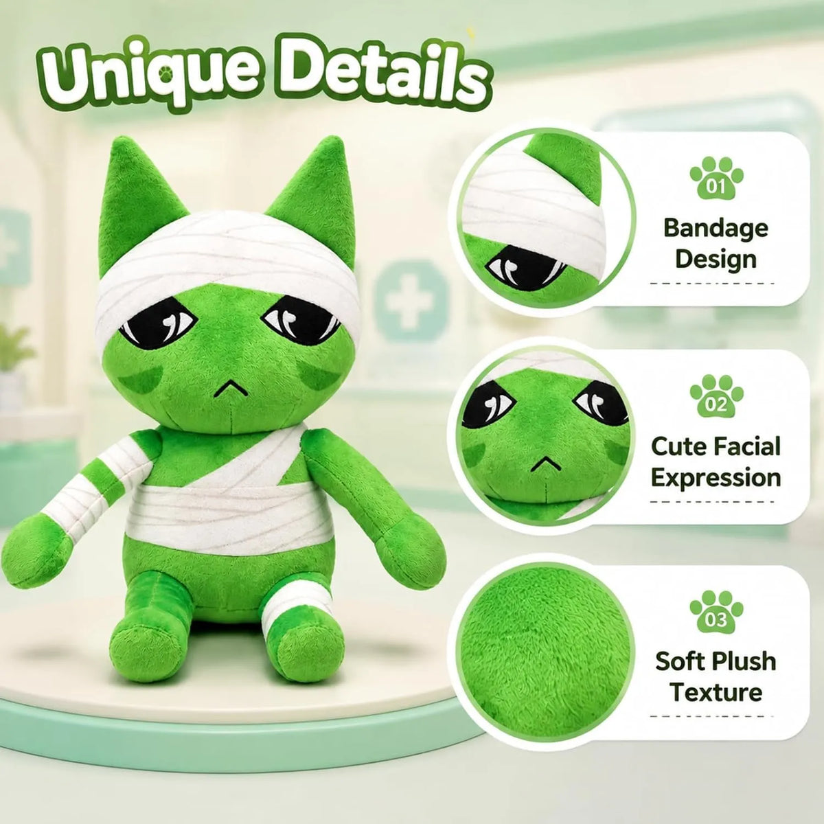 Green Cat Plush with Bandage Detail